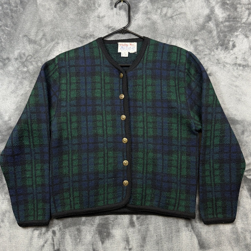 Tally-Ho Cardigan Sweater Womens M Green Excellent Wool Plaid Gold Button Knit